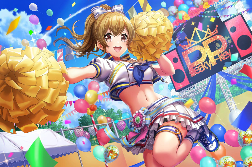 blush brown_eyes brown_hair cheerleader d4dj long_hair ponytail smile yamate_kyouko