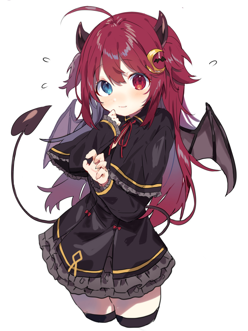1girl absurdres ahoge bangs black_capelet black_dress black_legwear blue_eyes blush brown_wings capelet closed_mouth commentary_request crescent crescent_hair_ornament cropped_legs demon_girl demon_horns demon_tail demon_wings dress eyebrows_visible_through_hair fang fang_out flying_sweatdrops frilled_capelet frilled_dress frills hair_between_eyes hair_ornament hand_up heterochromia highres horns inu_(puputizy) long_hair long_sleeves looking_at_viewer neck_ribbon nijisanji red_eyes red_ribbon redhead ribbon simple_background sleeves_past_wrists solo tail thigh-highs two_side_up very_long_hair virtual_youtuber white_background wings yuzuki_roa