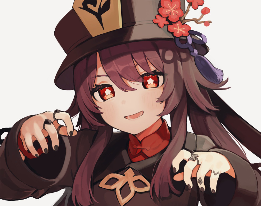 1girl :d bangs black_headwear black_jacket black_nails brown_hair commentary_request eyebrows_visible_through_hair flower flower-shaped_pupils genshin_impact grey_background hair_between_eyes hat hat_flower head_tilt highres hu_tao_(genshin_impact) jacket jewelry long_hair long_sleeves looking_at_viewer nail_polish red_eyes red_flower red_shirt ring seramikku shirt simple_background sleeves_past_wrists smile solo symbol-shaped_pupils twintails upper_body