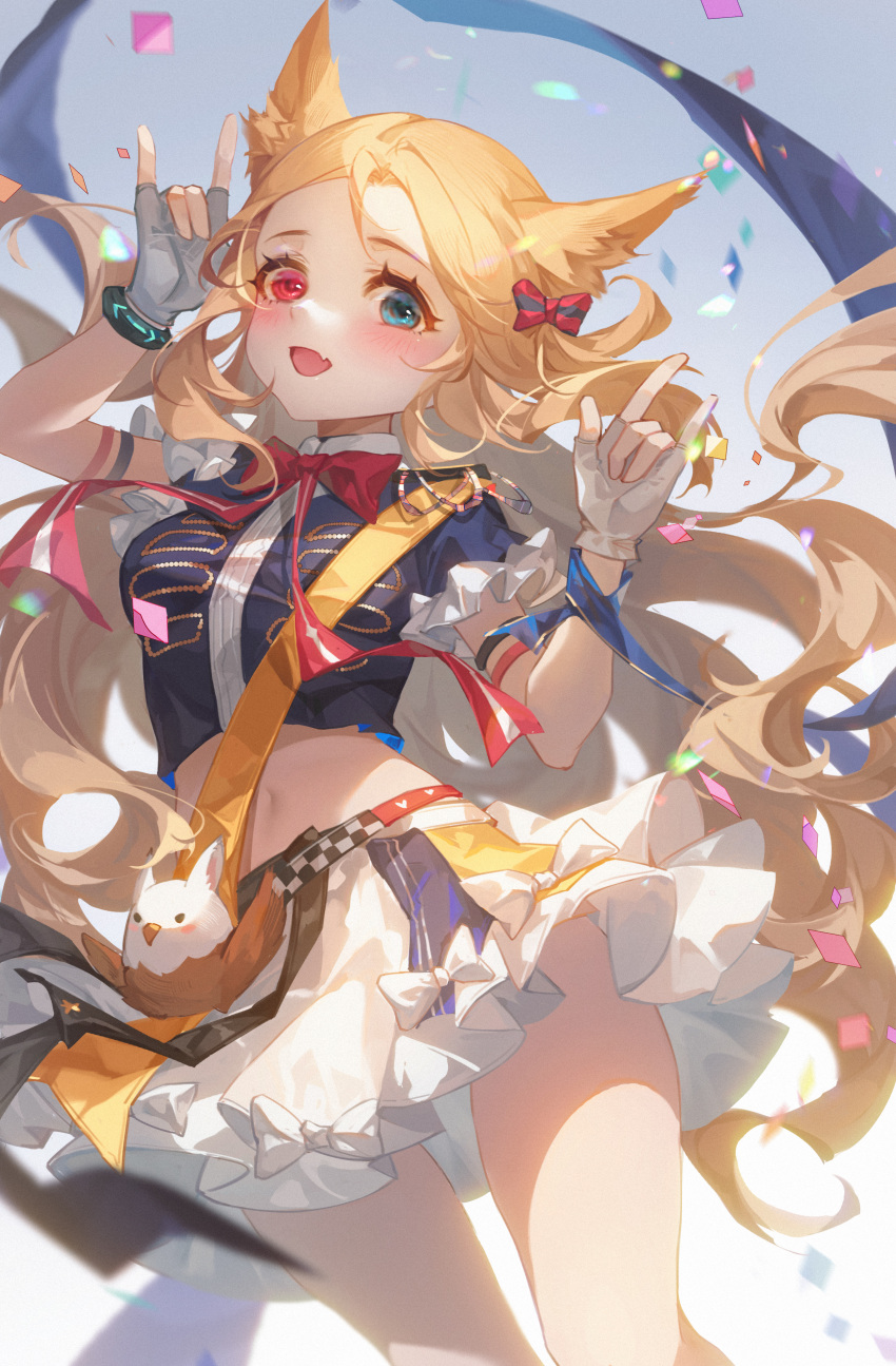 1girl :d \n/ absurdres animal_ears archetto_(arknights) archetto_(publicity_strategy)_(arknights) arknights blonde_hair blue_eyes blue_jacket blush bow bowtie confetti creature cropped_jacket double_\n/ dutch_angle fang feet_out_of_frame fingerless_gloves forehead frilled_sleeves frills gloves gradient gradient_background grey_background hair_bow heterochromia highres jacket long_hair looking_at_viewer midriff miniskirt navel official_alternate_costume red_bow red_eyes red_neckwear short_sleeves skin_fang skirt smile solo standing stomach tuzhate very_long_hair white_bow white_gloves white_skirt