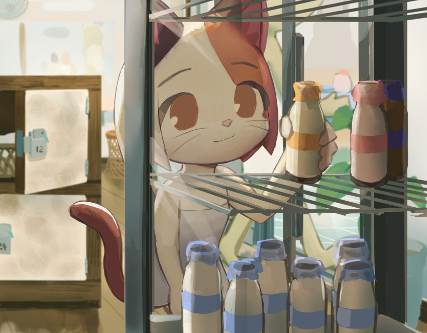 1girl animal_ears basket bottle brown_eyes cat_ears cat_girl cat_tail commentary_request electric_fan fukuda_(okometani) furry furry_female highres holding ichimura_shiho indoors locker milk_bottle naked_towel odd_taxi refrigerator solo tail towel whiskers