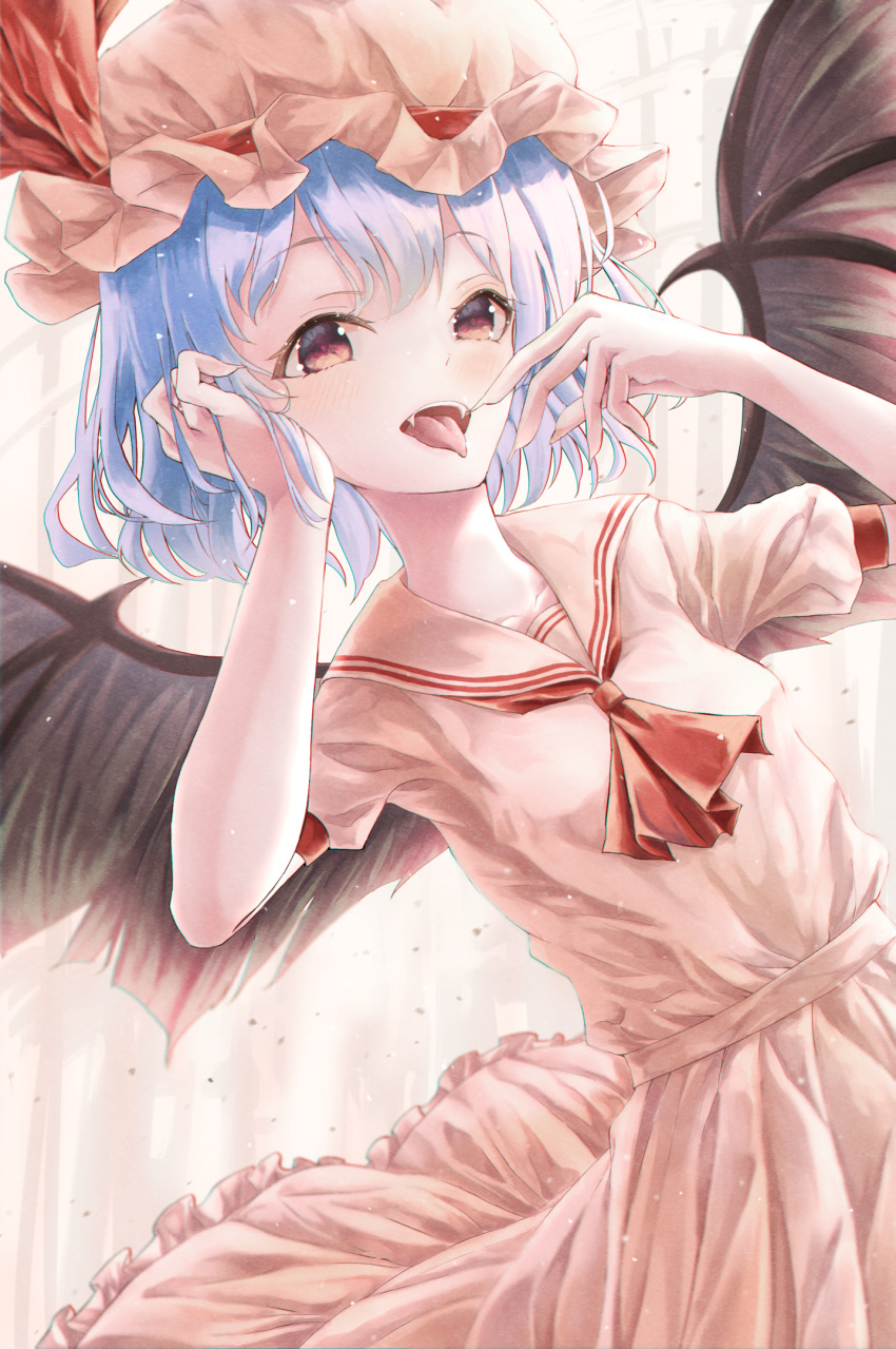 1girl ascot backlighting bangs bat_wings bloom blue_hair commentary_request dress eyebrows_visible_through_hair fangs hand_in_hair hands_up hat hat_ribbon highres light_blush looking_at_viewer mob_cap open_mouth petticoat pink_dress pink_headwear puffy_short_sleeves puffy_sleeves re_inverse red_eyes red_neckwear red_ribbon remilia_scarlet ribbon short_hair short_sleeves simple_background solo tongue tongue_out touhou upper_body white_background wings