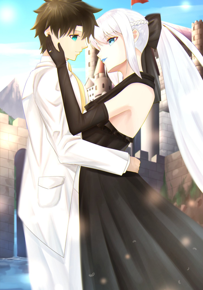 1boy 1girl alternate_costume bare_shoulders black_bow black_dress black_gloves black_hair blue_eyes blue_lips blue_sky bow castle commentary_request dancing day dress elbow_gloves eye_contact eyebrows_visible_through_hair fate/grand_order fate_(series) formal fujimaru_ritsuka_(male) gloves hair_bow hand_on_another's_cheek hand_on_another's_face hetero highres ilsa34660285 jacket jewelry lipstick long_hair looking_at_another makeup morgan_le_fay_(fate) outdoors pants ponytail ring sky sleeveless sleeveless_dress suit very_long_hair wedding_band white_hair white_jacket white_pants white_suit