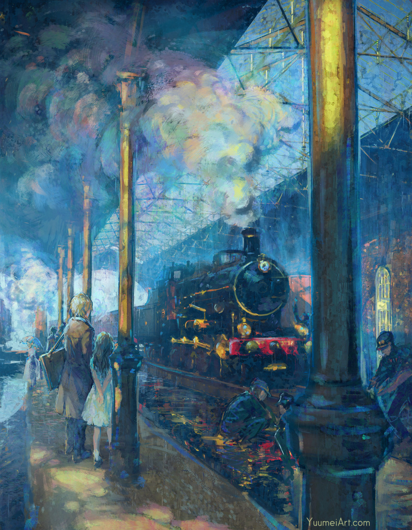 1girl 4boys arms_behind_back black_footwear black_hair black_jacket black_pants brown_coat brown_hair coat commentary day dress english_commentary ground_vehicle highres impressionism indoors jacket locomotive long_hair multiple_boys original pants shoes short_sleeves smoke socks standing steam_locomotive train train_station train_station_platform watermark web_address wet_pavement white_dress white_legwear yuumei