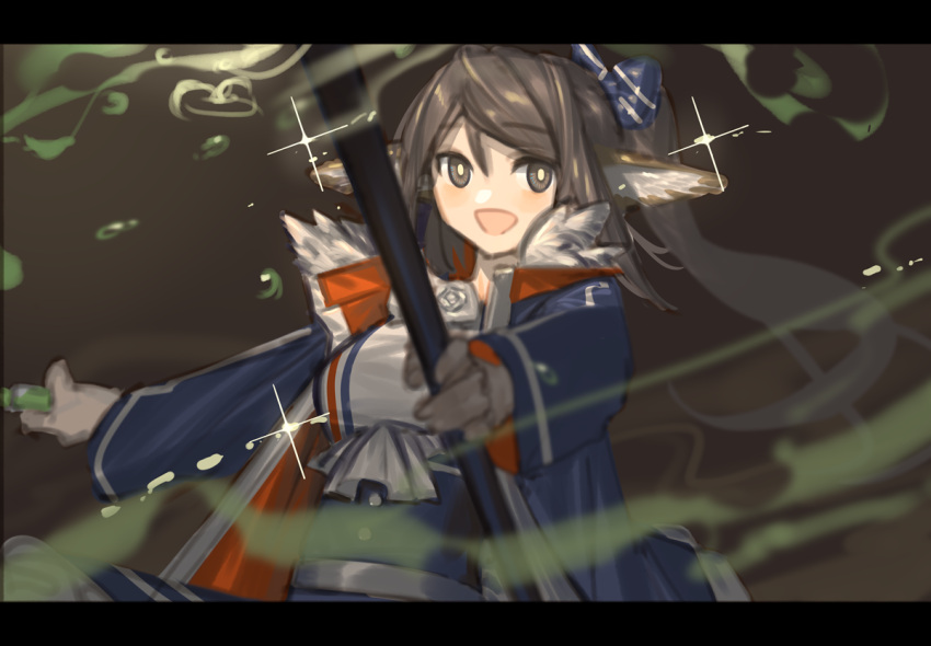 1girl :d arknights blue_bow blue_coat blue_skirt bow brown_eyes brown_hair coat fur-trimmed_coat fur_trim hair_between_eyes hair_bow holding holding_staff lanzi_(415460661) letterboxed long_hair looking_at_viewer open_clothes open_coat perfumer_(arknights) shirt sidelocks signature sketch skirt smile solo staff upper_body white_shirt