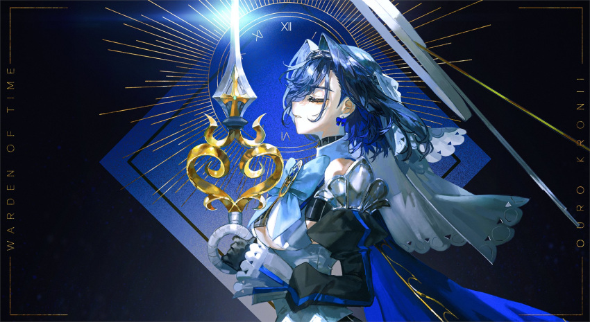 1girl black_gloves blue_bow blue_cape blue_hair bow bow_earrings breasts cape chain character_name clock closed_eyes clothing_cutout detached_sleeves earrings english_commentary floating_hair from_side gloves hair_intakes hairband highres holding holding_sword holding_weapon hololive hololive_english jewelry large_breasts ouro_kronii quasarcake short_hair solo sword under_boob underboob_cutout veil virtual_youtuber weapon