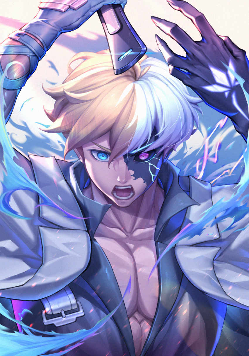 1boy aura bangs black_sclera blonde_hair blue_eyes blue_gloves blue_shirt claws colored_sclera dragon_install gloves guilty_gear guilty_gear_strive hair_between_eyes heterochromia high_collar highres holding holding_sword holding_weapon jacket jacket_on_shoulders jenchang1117 ky_kiske male_focus open_mouth pectorals red_eyes shirt short_hair solo sword transformation upper_body weapon white_background white_jacket