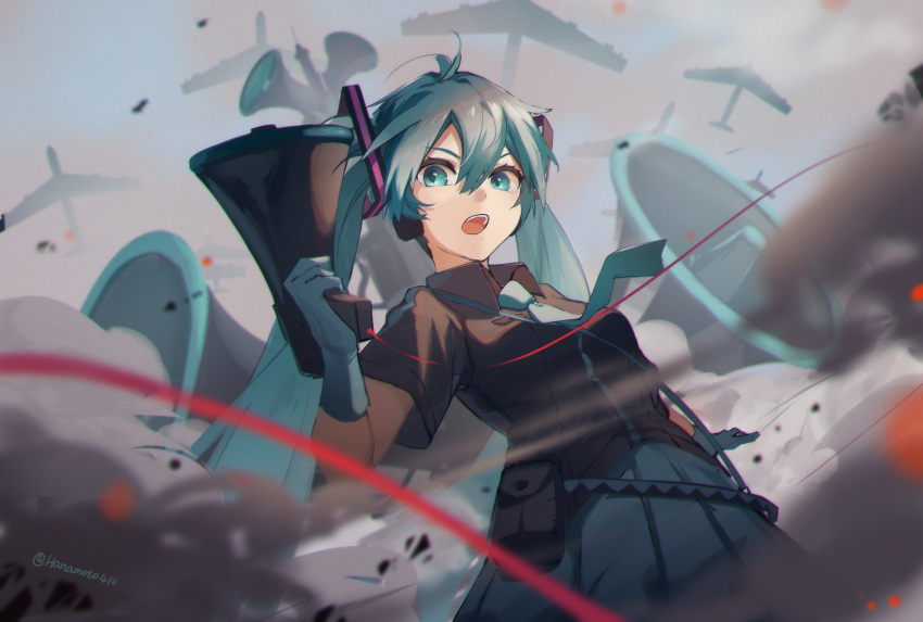 1girl aircraft airplane aqua_eyes aqua_hair aqua_necktie bangs belt_pouch black_shirt black_skirt blurry blurry_background chinese_commentary collared_shirt commentary_request cowboy_shot debris gloves hair_between_eyes hair_ornament hand_up hatsune_miku helicopter highres holding holding_megaphone hua_ben_wuming koi_wa_sensou_(vocaloid) long_hair megaphone necktie open_mouth pleated_skirt pouch shirt short_sleeves skirt solo standing string teeth twintails twitter_username upper_teeth very_long_hair vocaloid