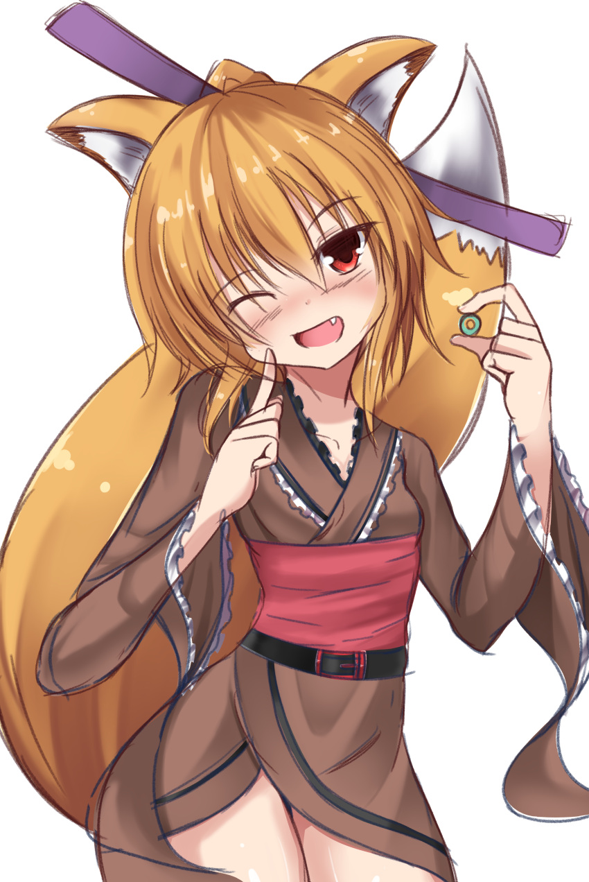 1girl absurdres adapted_costume animal_ears bangs belt black_belt blonde_hair blush breasts brown_kimono commentary_request cookie_(touhou) cowboy_shot eyebrows_visible_through_hair fang fox_ears fox_girl fox_tail frilled_kimono frills hair_between_eyes hair_ornament hair_stick head_tilt highres hyper_muteki_(artist) japanese_clothes kimono looking_at_viewer medium_hair miramikaru_riran new_year obi open_mouth red_eyes red_sash sash sidelocks simple_background small_breasts smile solo tail white_background wide_sleeves
