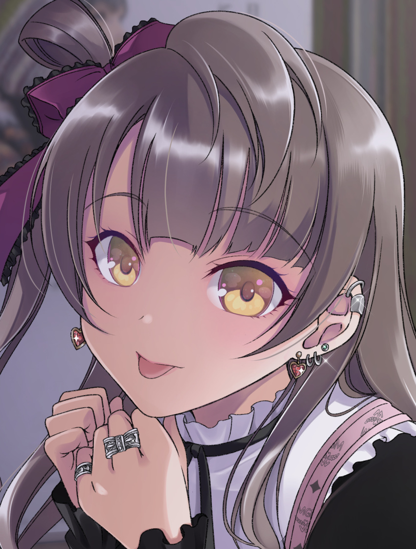 1girl :p alternate_costume brown_hair ear_piercing earrings eyebrows_visible_through_hair frilled_shirt_collar frills gothic_lolita hair_ribbon heart heart_earrings highres inui_sekihiko jewelry lolita_fashion long_hair looking_at_viewer love_live! love_live!_school_idol_project minami_kotori one_side_up piercing ribbon smile solo tongue tongue_out yellow_eyes