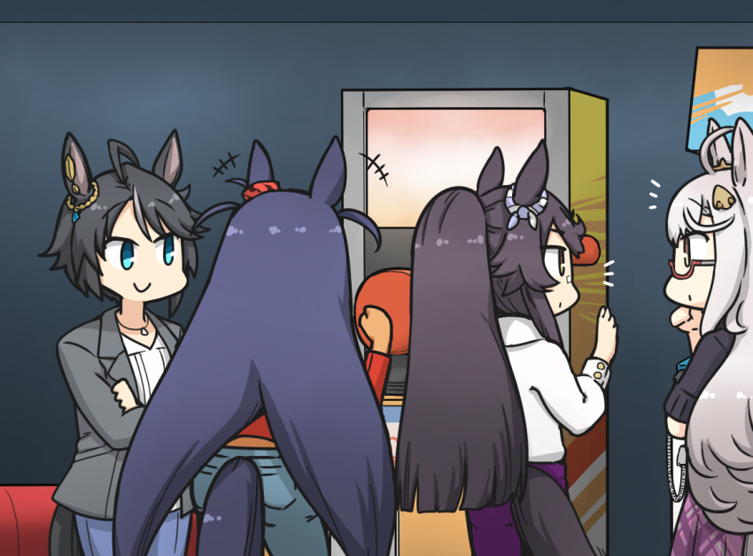 +++ 4girls ahoge animal_ears arcade arcade_cabinet bandaid bandaid_on_nose bangs biwa_hayahide_(umamusume) black_hair chibi dark-skinned_female dark_skin denim fuji_kiseki_(umamusume) glasses grey_hair grey_jacket hamu_koutarou hishi_amazon_(umamusume) horse_ears horse_girl horse_tail indoors jacket jeans long_hair multiple_girls narita_brian_(umamusume) notice_lines pants ponytail semi-rimless_eyewear short_hair smile tail umamusume waving