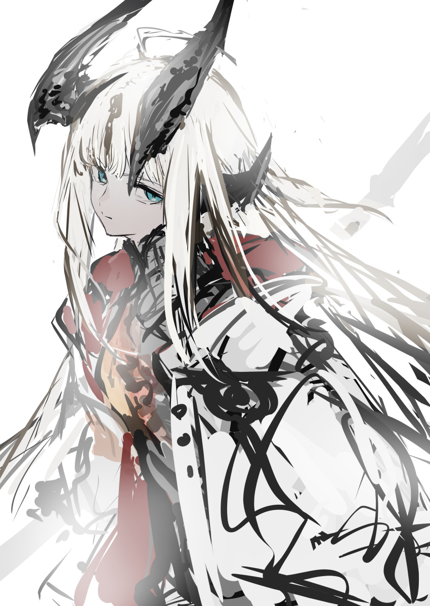 1girl absurdres arknights blonde_hair blue_eyes coat dragon_horns grey_shirt hair_ornament highres holding holding_polearm holding_weapon horns long_hair looking_at_viewer polearm reed_(arknights) shirt simple_background sketch solo upper_body weapon white_background white_coat yamori_no_o