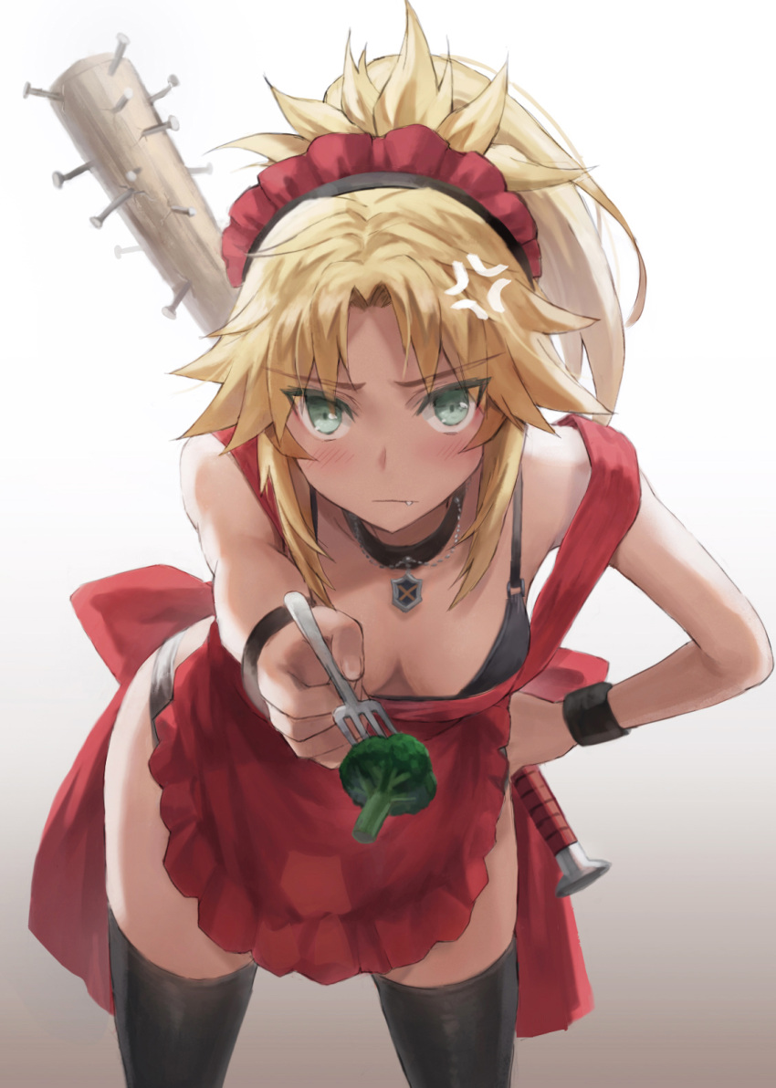 1girl alternate_costume anger_vein bangs baseball_bat black_footwear blonde_hair blush braid breasts broccoli closed_mouth commentary eyebrows_visible_through_hair fate/apocrypha fate_(series) fork french_braid green_eyes hair_ornament hair_scrunchie hand_on_hip highres holding holding_fork leaning_forward long_hair looking_at_viewer maid_headdress mordred_(fate) mordred_(fate/apocrypha) nail nail_bat parted_bangs ponytail revision scrunchie sidelocks small_breasts smile solo thigh-highs tonee wristband