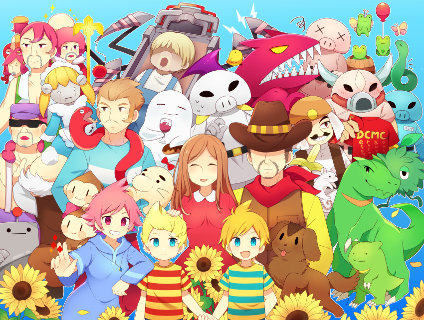 0mzum1 6+boys 6+girls aeolia_(mother_3) blonde_hair blue_eyes boney brown_hair claus_(mother_3) dog doria_(mother_3) doseisan duster_(mother) everyone fassad flint_(mother_3) flower highres hinawa ionia_(mother_3) kumatora lucas_(mother_3) monkey mother_(game) mother_3 multiple_boys multiple_girls pigmask pink_eyes pink_hair porky_minch salsa_(mother) sunflower