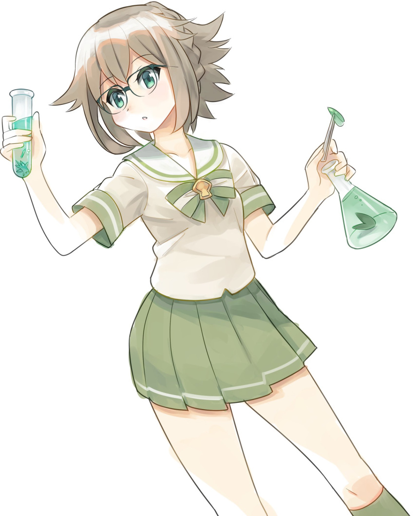 1girl alternate_costume bangs blush bow bowtie braid brown_hair collarbone commentary_request dutch_angle eyebrows_visible_through_hair flask flat_chest french_braid glasses green_bow green_bowtie green_eyes green_legwear green_skirt hair_flaps hands_up hartleif_(world_flipper) highres holding holding_flask holding_test_tube jpeg_artifacts kneehighs komuro_takahiro light_blush liquid miniskirt open_mouth pleated_skirt round-bottom_flask shiny shiny_hair shirt short_hair short_sleeves sidelocks simple_background skirt solo standing striped striped_bow striped_bowtie test_tube tied_hair tweezers white_background white_shirt world_flipper