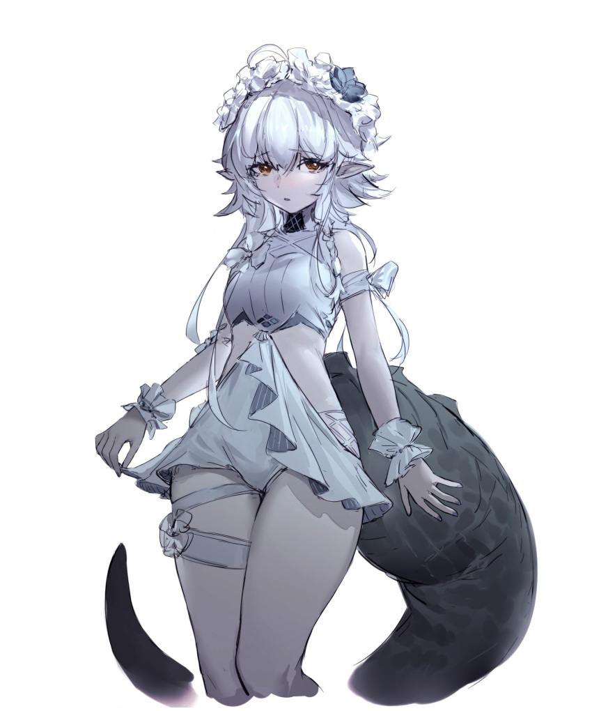 1girl arknights blue_flower blush braid crocodilian_tail cropped_legs embarrassed eyebrows_visible_through_hair feet_out_of_frame flower head_wreath highres long_hair looking_at_viewer official_alternate_costume one-piece_swimsuit pointy_ears short_hair simple_background single_braid solo swimsuit thigh_strap tomimi_(arknights) tomimi_(silent_night)_(arknights) veolia waist_cutout white_background white_flower white_hair white_swimsuit white_wrist_cuffs yellow_eyes