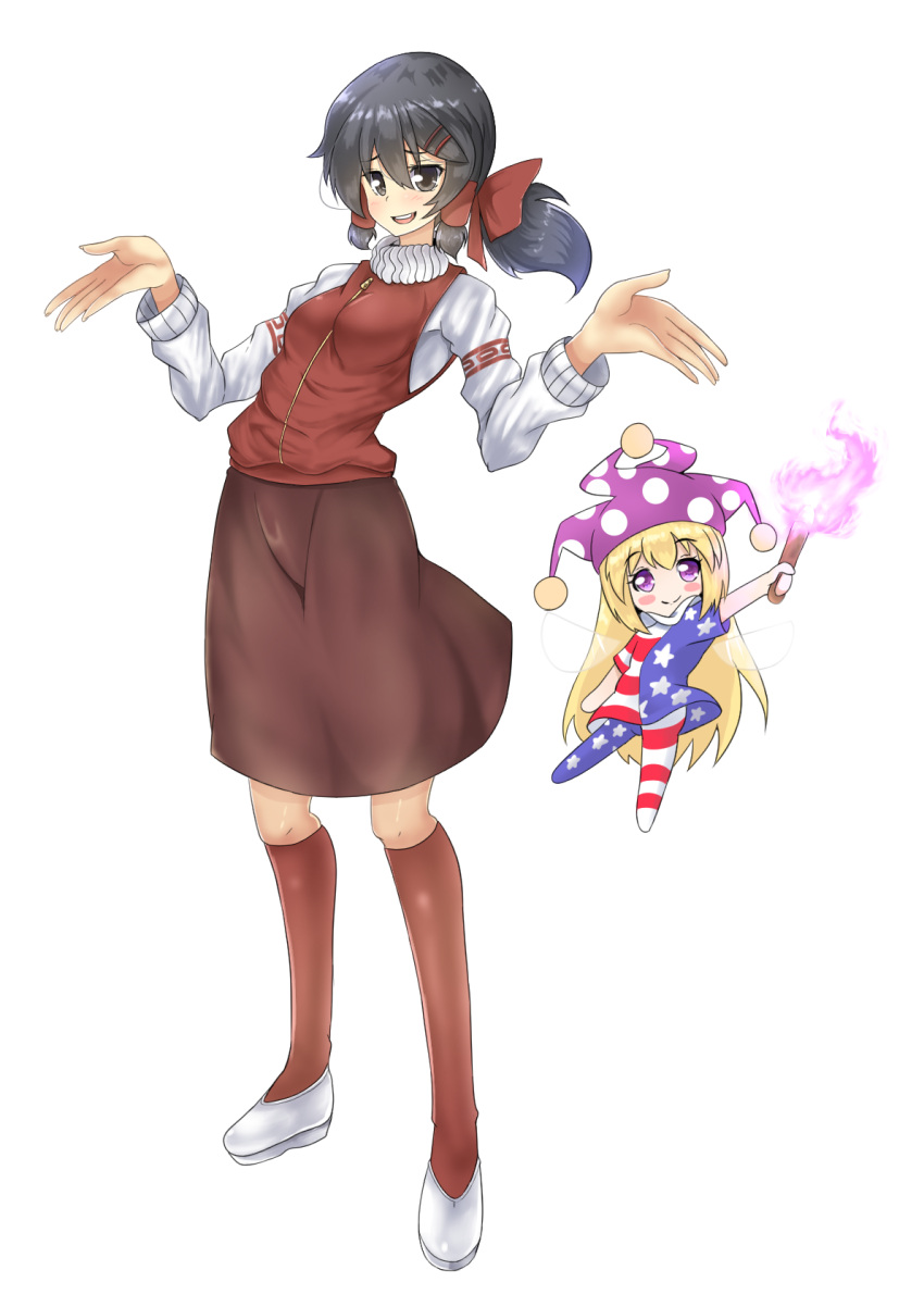 american_flag american_flag_dress american_flag_legwear bangs black_eyes black_hair blonde_hair blush bow brown_skirt cili_(cookie) closed_mouth clownpiece commentary_request cookie_(touhou) dress dual_persona eyebrows_visible_through_hair fairy_wings fire full_body hair_bow hair_tubes hakurei_reimu hat highres hyper_muteki_(artist) jester_cap kneehighs leggings long_hair long_sleeves looking_at_viewer open_mouth polka_dot polka_dot_headwear ponytail purple_fire purple_headwear red_bow red_legwear red_sweater_vest shirt shoes simple_background skirt smile standing star_(symbol) star_print striped striped_dress striped_legwear sweater_vest torch touhou transparent_background very_long_hair violet_eyes white_footwear white_shirt wings