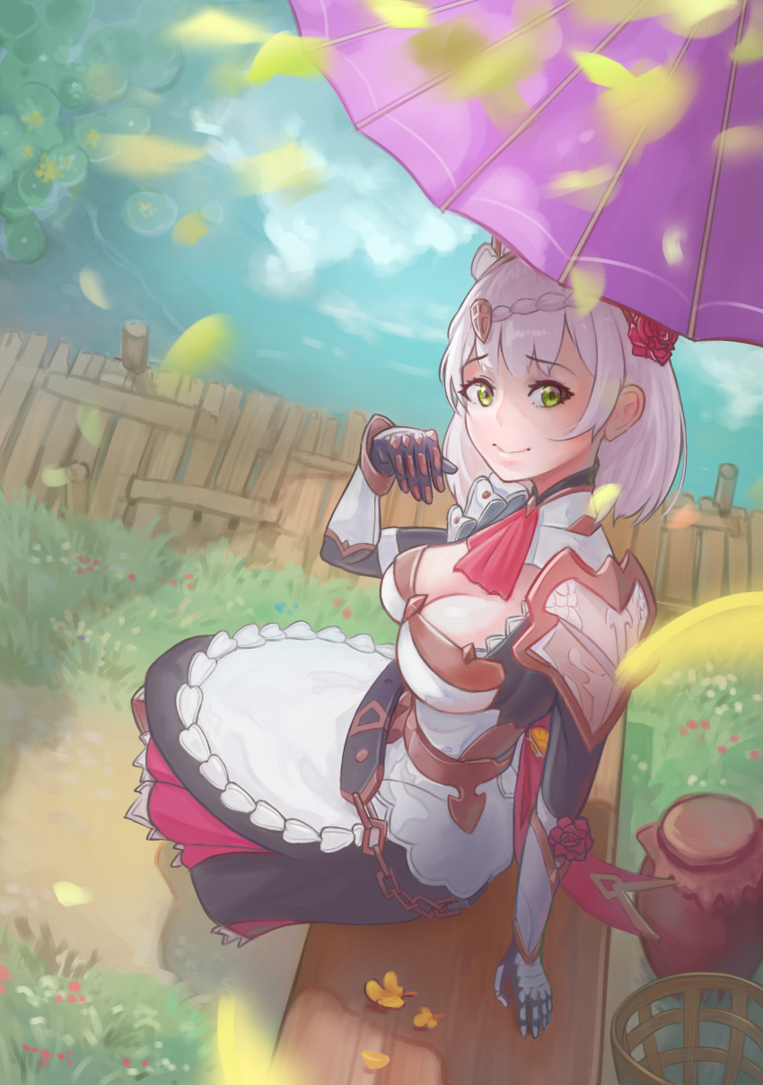 1girl absurdres bangs breasts drelouder flower genshin_impact gloves hair_flower hair_ornament highres jewelry looking_at_viewer noelle_(genshin_impact) ornament rose short_hair sitting smile solo umbrella water white_hair