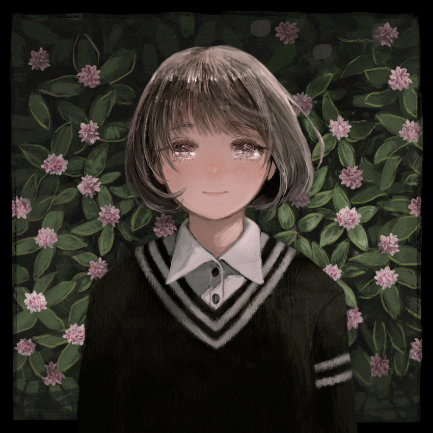 1girl black_sweater blush bob_cut brown_hair collared_shirt flower hanio3 highres leaf looking_at_viewer original pink_flower plant shirt short_hair smile solo sweater upper_body white_shirt