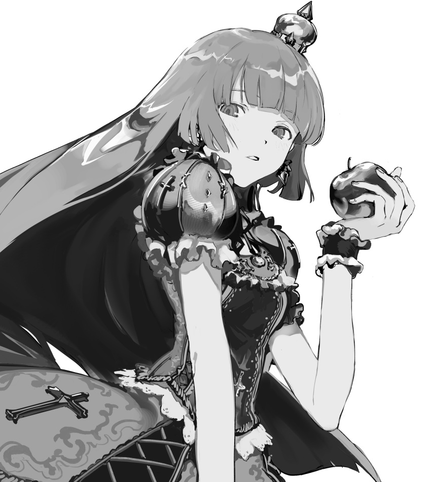 1girl absurdres apple bangs bracelet breasts corset cross crown food fruit greyscale highres holding holding_food holding_fruit jewelry long_hair monochrome original princess puffy_sleeves short_sleeves sidelocks skirt solo suiso_(owp) white_background