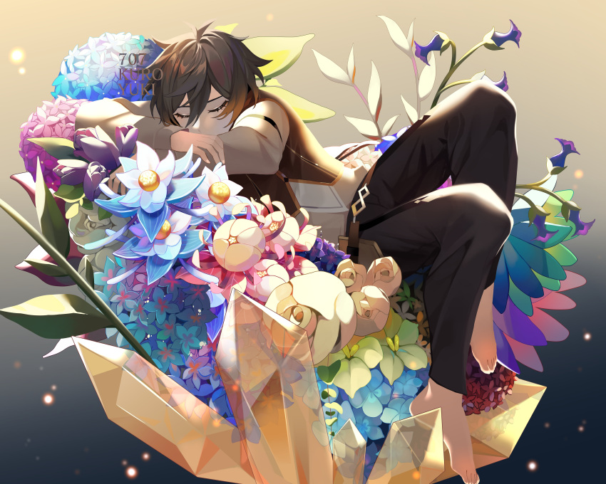 1boy 707_kuroyuki absurdres artist_name bangs barefoot blue_flower bouquet brown_hair closed_eyes commentary covered_mouth crystal english_commentary flower genshin_impact glaze_lily gradient_hair green_flower hair_between_eyes highres light_particles long_sleeves male_focus multicolored_hair orange_hair pants purple_flower simple_background solo vest white_flower zhongli_(genshin_impact)