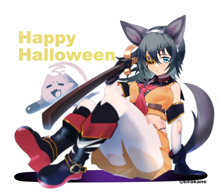 1girl absurdres alternate_costume animal_ears black_footwear black_gloves blue_eyes boots elbow_gloves eyepatch fake_animal_ears fake_tail gloves green_hair halloween_costume highres kantai_collection kiso_(kancolle) medium_hair pantyhose sirakane_(tigo5115) sitting tail torn_clothes torn_gloves torn_legwear torpedo white_gloves white_legwear