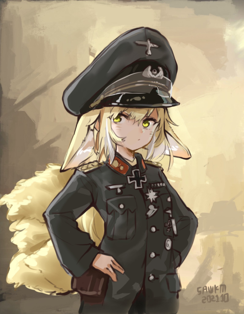 1girl animal_ears arknights bangs blonde_hair closed_mouth german_army hands_on_hips hat highres long_sleeves looking_at_viewer military military_hat military_jacket military_uniform outdoors sawkm short_hair solo sussurro_(arknights) tail uniform world_war_ii yellow_eyes