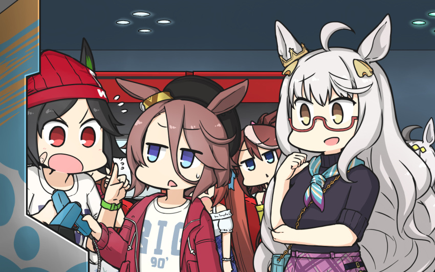 5girls ahoge animal_ears arcade arcade_cabinet ascot bag bandaid bandaid_on_face beanie biwa_hayahide_(umamusume) black_hair black_headwear brown_hair ceiling_light chibi clothes_writing flying_sweatdrops glasses hamu_koutarou handbag hat highres horse_ears horse_girl indoors jacket jitome long_hair looking_at_another multiple_girls narita_taishin_(umamusume) oguri_cap_(umamusume) open_mouth red_jacket semi-rimless_eyewear shirt short_hair shoulder_bag skirt sweatdrop sweater tokai_teio_(umamusume) triangle_mouth turtleneck turtleneck_sweater umamusume white_hair white_shirt winning_ticket_(umamusume)