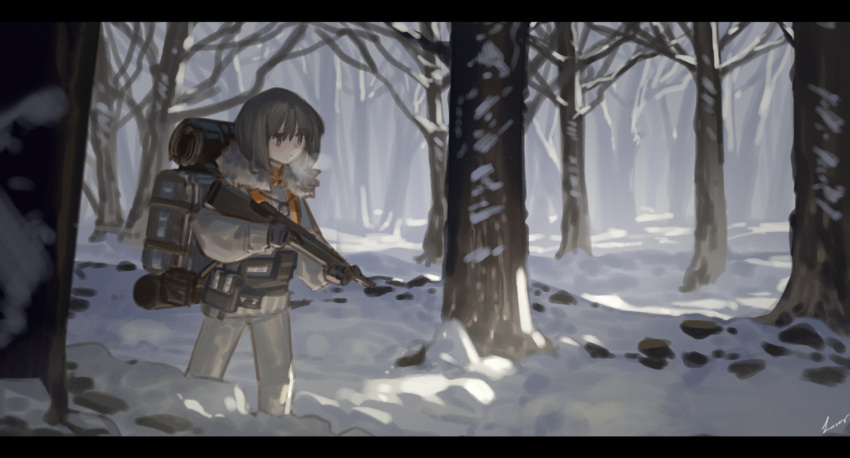 1girl backpack bag bare_tree black_gloves breath brown_eyes brown_hair coat eyebrows_visible_through_hair forest fur-trimmed_coat fur_trim gloves gun holding holding_gun holding_weapon hunting lanzi_(415460661) letterboxed medium_hair nature original outdoors pants rifle snow solo tree weapon white_coat white_pants winter winter_clothes winter_coat