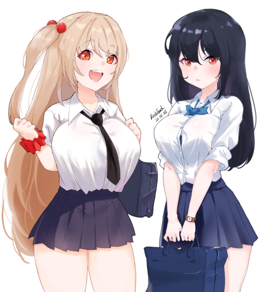 2girls amphitrite_(last_origin) bag bangs black_hair blonde_hair breasts dated eyebrows_visible_through_hair highres large_breasts last_origin long_hair multiple_girls necktie one_side_up open_mouth pleated_skirt rashford red_eyes salacia_(last_origin) school_bag school_uniform signature skirt smile white_background