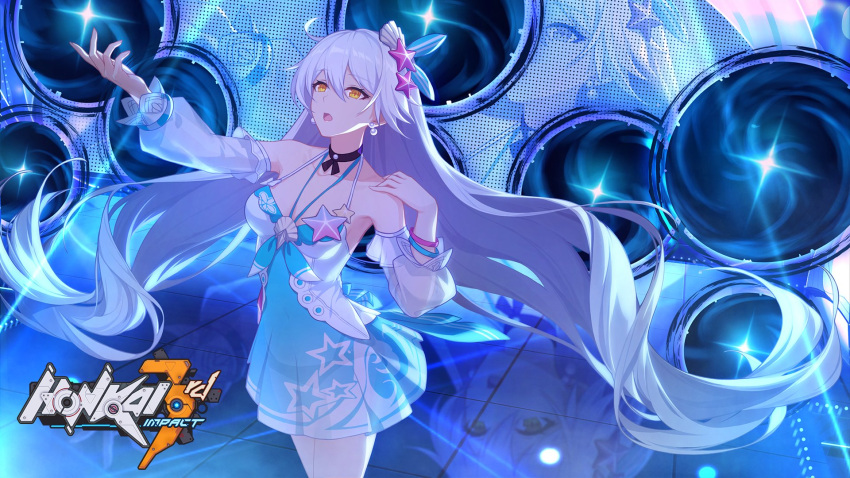 1girl :o bangs bare_shoulders concert dress earrings hair_between_eyes hair_ornament highres honkai_(series) honkai_impact_3rd jewelry kiana_kaslana kiana_kaslana_(herrscher_of_the_void) long_hair music open_mouth screen see-through_sleeves shell_hair_ornament shirt singing solo starfish_hair_ornament sundress white_hair white_shirt yellow_eyes