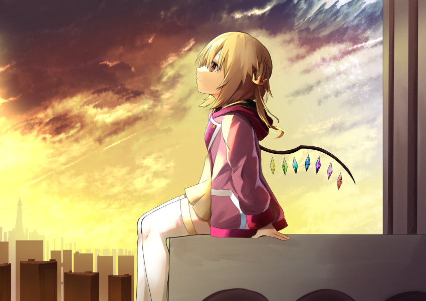 1girl absurdres arm_support blonde_hair building commentary eyebrows_visible_through_hair feet_out_of_frame flandre_scarlet from_side highres kaeremu looking_up medium_hair orange_sky outdoors pink_sweater profile red_eyes side_ponytail sky skyscraper solo sweater thigh-highs touhou white_legwear wings