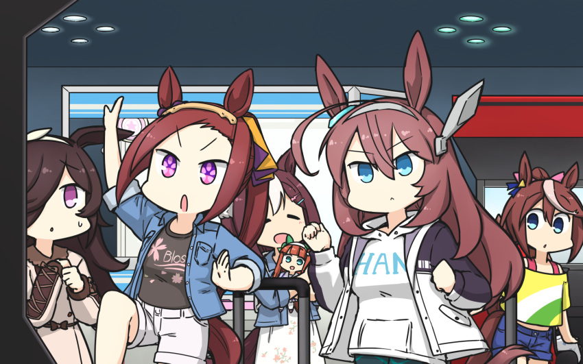 5girls :&lt; ahoge animal_ears arcade arcade_cabinet bangs brown_hair ceiling_light character_doll chibi clenched_hands closed_eyes clothes_writing crane_game dance_dance_revolution dancing flower-shaped_pupils hair_over_one_eye hairband hamu_koutarou highres hood hoodie horse_ears horse_girl horse_tail indoors jacket leg_up long_hair mihono_bourbon_(umamusume) multiple_girls open_mouth parted_lips rice_shower_(umamusume) sakura_bakushin_o_(umamusume) silence_suzuka_(umamusume) sleeves_rolled_up special_week_(umamusume) sweatdrop symbol-shaped_pupils tail tokai_teio_(umamusume) umamusume v-shaped_eyebrows