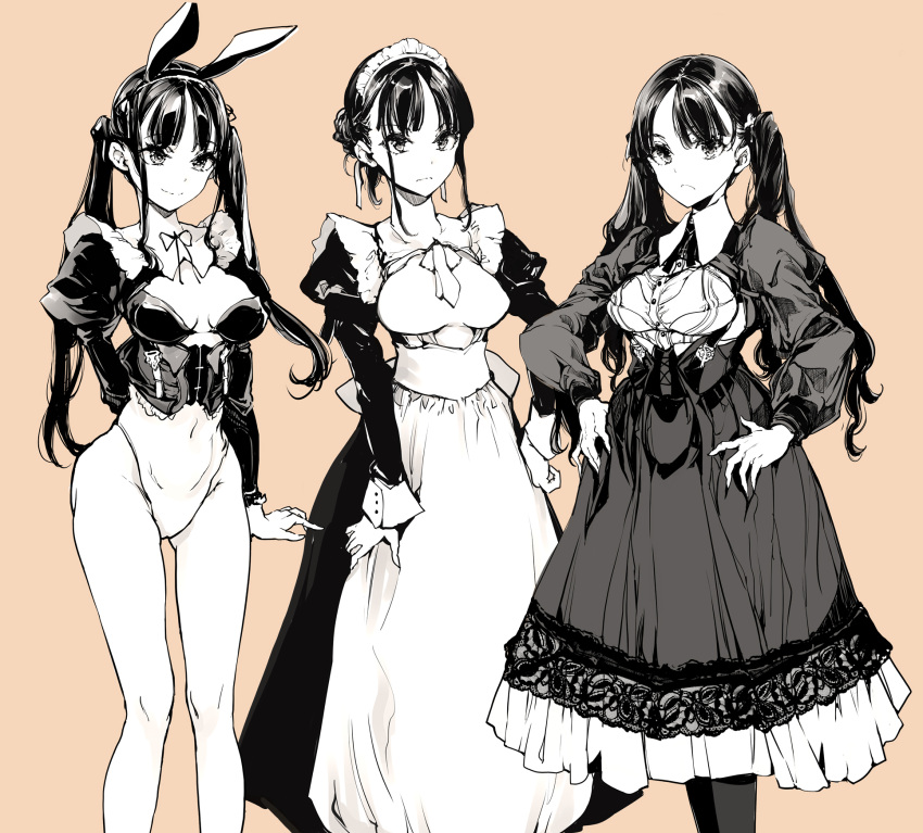 1girl breasts bustier corset dress endou_okito feet_out_of_frame gothic_lolita greyscale hand_on_hip highres juliet_sleeves leotard lolita_fashion long_hair long_sleeves maid medium_breasts monochrome multiple_views original playboy_bunny puffy_sleeves red_eyes twintails underbust