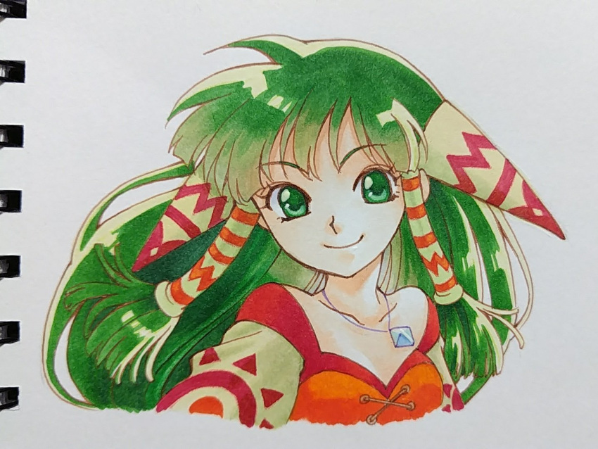 1girl closed_mouth collarbone feena_(grandia) grandia grandia_i green_eyes green_hair hair_ornament hair_tubes jewelry long_hair looking_at_viewer necklace nekomaru simple_background smile solo white_background