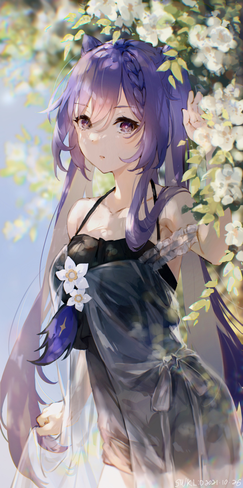 1girl absurdres artist_name bangs bare_arms bare_shoulders black_dress blush braid collarbone cowboy_shot dated day dress eyebrows_visible_through_hair flower genshin_impact hair_between_eyes hair_cones highres keqing_(genshin_impact) long_hair looking_at_viewer outdoors parted_lips purple_hair see-through sleeveless sleeveless_dress solo swkl:d twintails very_long_hair violet_eyes white_flower