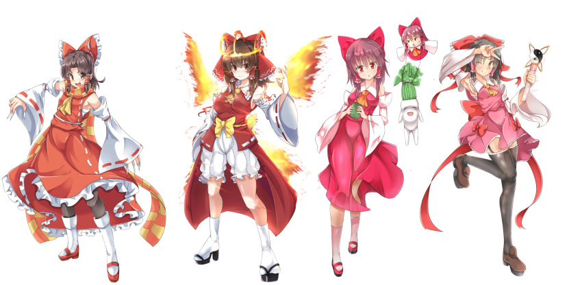5girls arm_up armpits ascot bangs benikurage_(cookie) black_hair black_legwear bloomers blush boots bow bow_skirt breasts brown_eyes brown_footwear brown_hair closed_mouth commentary_request cookie_(touhou) cup daikon detached_sleeves dress eyebrows_visible_through_hair fangs fiery_wings fingernails fire frilled_bow frilled_hair_tubes frilled_shirt_collar frilled_skirt frills full_body garter_straps geta hair_between_eyes hair_bow hair_tubes hakurei_reimu highres holding holding_cup holding_wand hyper_muteki_(artist) kanna_(cookie) large_bow leg_up long_fingernails long_hair looking_at_viewer magical_girl medium_breasts medium_hair minigirl multiple_girls one_eye_closed open_mouth orange_scarf pantyhose parted_bangs pink_shirt pink_skirt red_bow red_dress red_eyes red_shirt red_skirt reu_(cookie) reu_daikon ribbon-trimmed_sleeves ribbon_trim sakenomi_(cookie) sananana_(cookie) sarashi scarf sharp_fingernails shirt shoes showgirl_skirt sidelocks simple_background skirt sleeveless sleeveless_shirt sleeves_past_fingers sleeves_past_wrists small_breasts smile socks solo standing standing_on_one_leg striped striped_scarf thigh-highs touhou transparent_background triangle_mouth underwear v wand white_footwear white_legwear white_sleeves wings yellow_ascot yellow_bow yellow_eyes yellow_scarf yin_yang yunomi