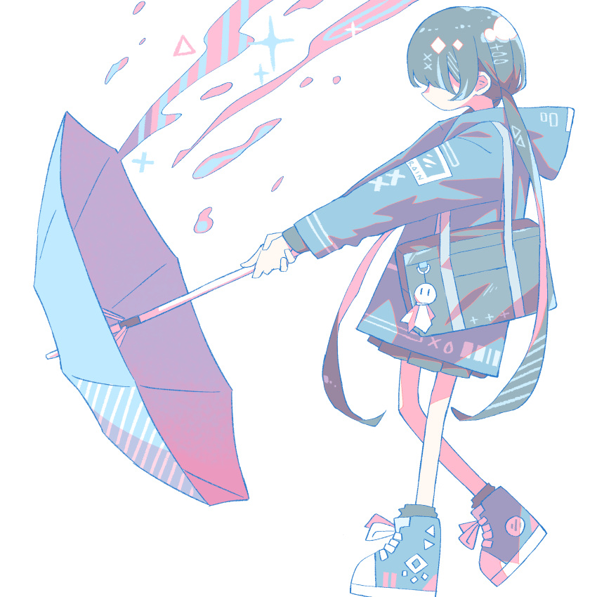 1girl bangs blue_coat blue_footwear blue_umbrella coat highres long_hair matabeku original parasol raincoat skirt twintails umbrella