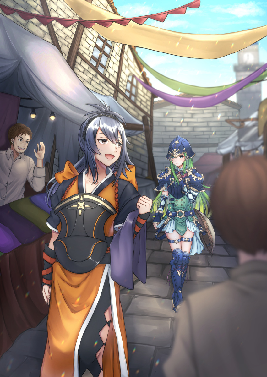 2boys 2girls absurdres armor bangs blue_eyes blue_hair blue_sky brown_eyes clock clock_tower commission fire_emblem fire_emblem:_path_of_radiance fire_emblem_fates green_hair hair_between_eyes hairband helmet highres holding_cloth japanese_clothes long_hair multiple_boys multiple_girls nei_(aduma1120ponpon) nephenee_(fire_emblem) oboro_(fire_emblem) open_mouth outdoors ponytail shield skeb_commission skirt sky tower