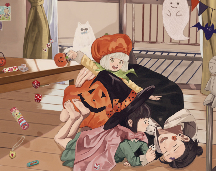 1boy 2girls ^_^ bangs black_eyes black_hair black_headwear black_jacket blunt_bangs brown_eyes bucket cape closed_eyes dice dress ear_piercing full_body getou_suguru green_dress hair_bun halloween_bucket hat highres holding holding_bucket hood hood_down hoodie indoors jacket jewelry jujutsu_kaisen long_sleeves mimiko_(jujutsu_kaisen) multiple_girls nanako_(jujutsu_kaisen) necklace open_mouth penguin_miko piercing profile pumpkin_costume pumpkin_hat red_cape short_hair smile sticker white_hair white_hoodie witch_hat younger