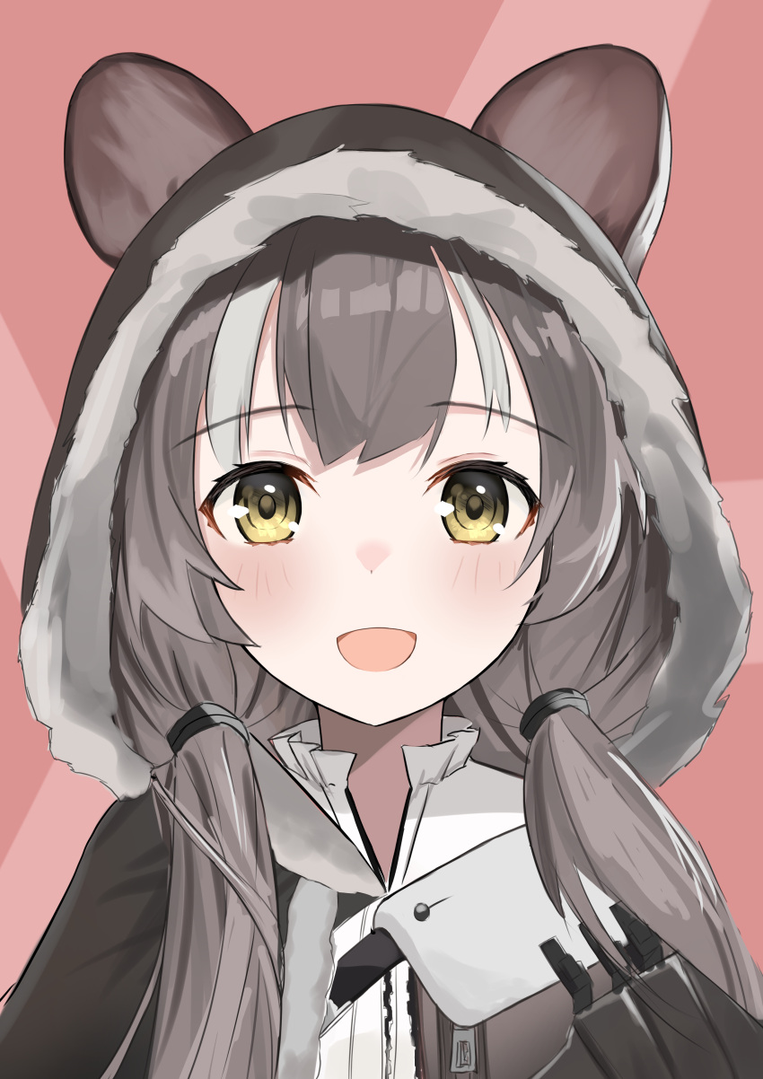 1girl :d absurdres animal_ears animal_hood arknights bangs black_jacket blush brown_hair commentary_request eyebrows_visible_through_hair fake_animal_ears fur-trimmed_hood fur_trim grey_hair hair_over_shoulder highres honeyberry_(arknights) hood hood_up hooded_jacket jacket ka_maru long_hair looking_at_viewer low_twintails smile solo strapless twintails