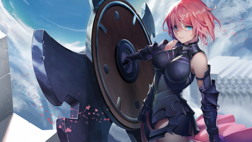 1girl absurdres armor armored_leotard black_leotard blue_eyes blue_sky breasts chinese_commentary closed_mouth clouds cloudy_sky cowboy_shot fate/grand_order fate_(series) gauntlets hair_between_eyes highres holding holding_shield large_breasts leotard lips long_hair looking_at_viewer madao mash_kyrielight pink_hair shield sky solo taut_clothes v-shaped_eyebrows