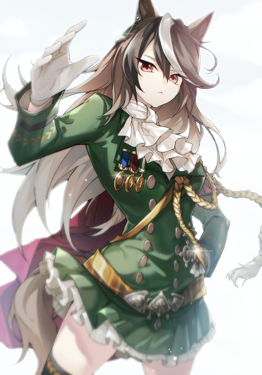 aiguillette animal_ears ascot belt black_legwear brown_hair buttons cape coat cowboy_shot earrings gloves green_coat hand_on_hip hand_up highres horse_ears horse_girl horse_tail jewelry koli_(ssssoliko) long_hair long_sleeves looking_down medal multicolored_hair outstretched_hand red_cape red_eyes standing streaked_hair symboli_rudolf_(umamusume) tail thigh-highs umamusume white_ascot white_gloves