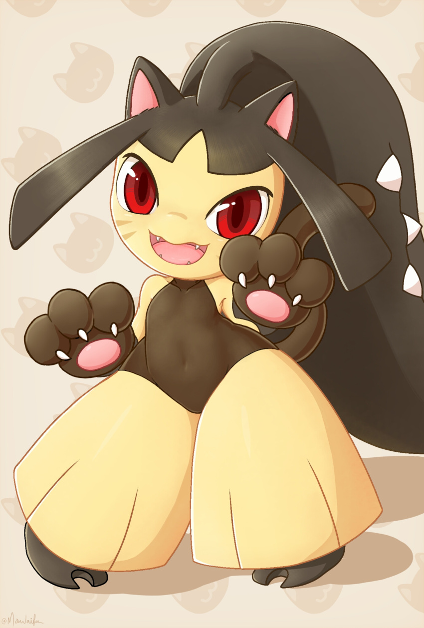 :d animal_hands collarbone commentary english_commentary fangs gloves hands_up highres looking_at_viewer mawaifu mawile navel open_mouth paw_gloves pigeon-toed pokemon red_eyes smile standing tongue