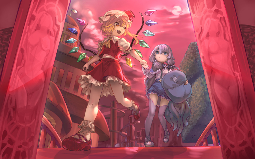 2girls :d ascot bad_perspective bad_proportions blonde_hair blue_eyes bobby_socks clouds cloudy_sky crystal eyebrows_behind_hair flag flandre_scarlet frilled_shirt_collar frills from_below full_moon hair_between_eyes hat hat_ribbon holding_hands light_purple_hair long_hair looking_at_another low_twintails mob_cap moon multiple_girls night night_sky nu_boku one_side_up orange_eyes pantyhose petticoat puffy_short_sleeves puffy_sleeves purple_legwear red_eyes red_footwear red_ribbon red_skirt red_theme red_vest ribbon running short_hair short_sleeves skirt sky smile socks thigh-highs touhou twintails vest white_headwear white_legwear wings yellow_neckwear