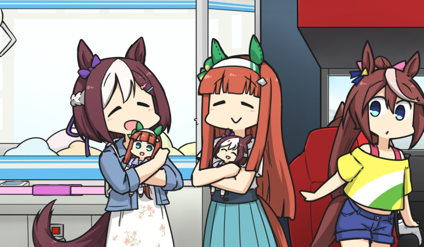 3girls =_= animal_ears arcade arcade_cabinet backpack bag blue_jacket chair character_doll chibi closed_eyes closed_mouth crane_game denim denim_shorts doll_hug dress green_skirt hair_ornament hairband hairclip hamu_koutarou horse_ears horse_girl horse_tail indoors jacket long_hair multiple_girls object_hug open_mouth orange_hair short_hair shorts skirt smile tail umamusume white_dress