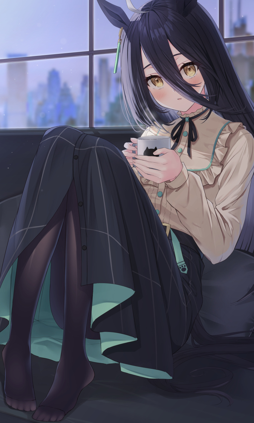 1girl absurdres ahoge animal_ears bangs bed black_hair black_legwear black_skirt blurry building commentary_request cup earrings frilled_shirt_collar frills full_body highres holding holding_cup horse_ears horse_girl horse_tail jewelry knees_up long_hair looking_at_viewer manhattan_cafe_(umamusume) pantyhose parted_lips pillow primamiya shirt shirt_tucked_in single_earring sitting skirt skyscraper solo steam tail umamusume window yellow_eyes yellow_shirt