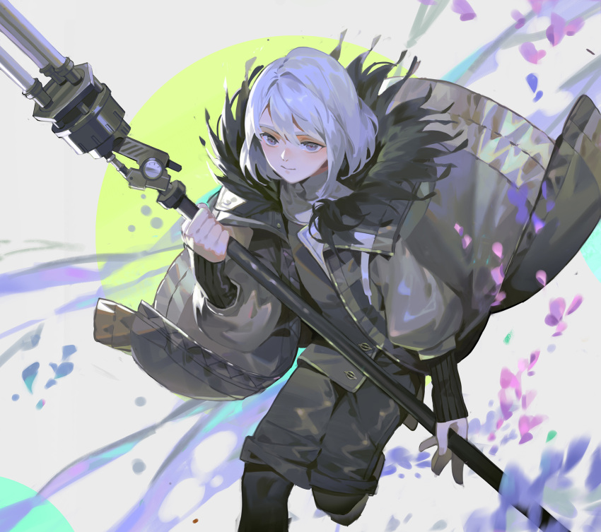 1boy grey_eyes highres holding holding_weapon long_sleeves looking_at_viewer male_focus medium_hair nier_(series) nier_reincarnation rion_(nier) sawana smile solo_focus staff weapon white_hair