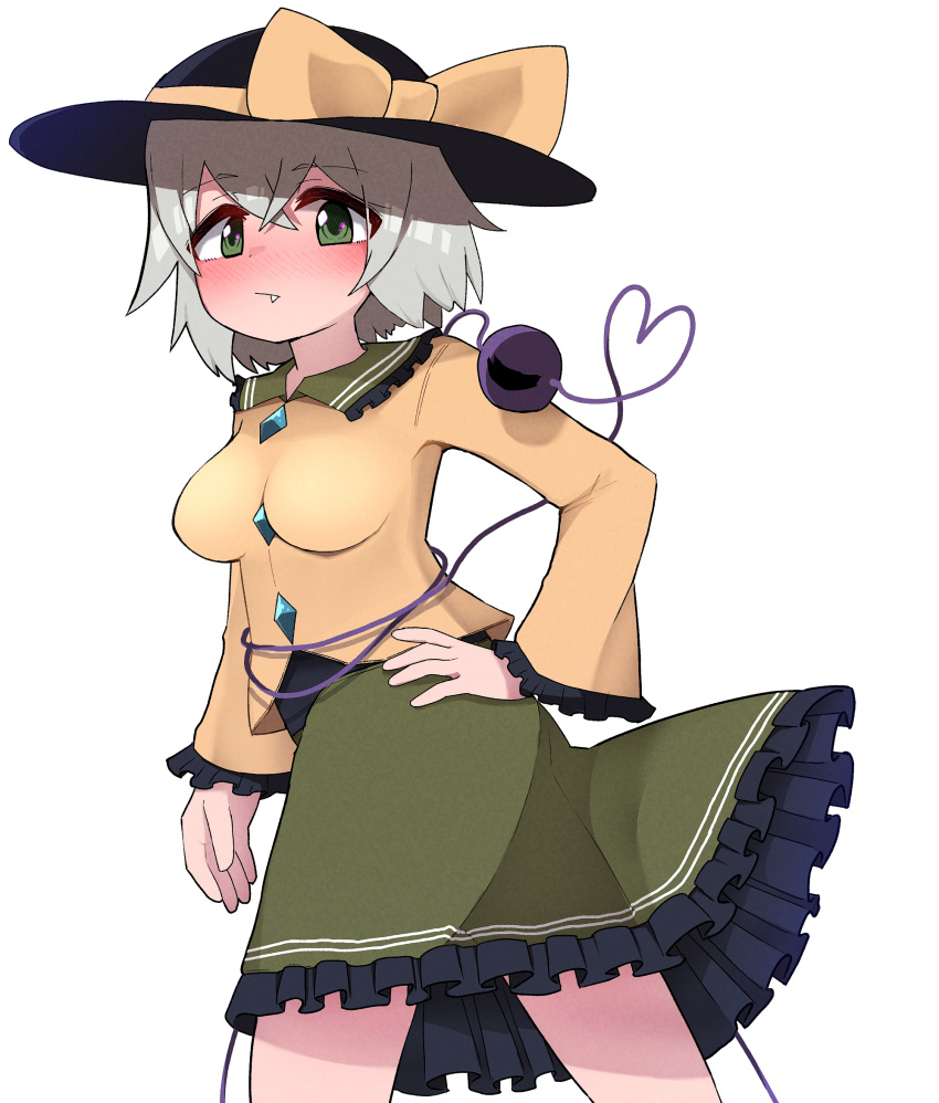 1girl :/ bangs black_headwear blush bow breasts closed_mouth commentary_request cowboy_shot crossed_bangs eyebrows_visible_through_hair fang fang_out frilled_shirt_collar frills green_eyes green_skirt hair_between_eyes hand_on_hip hat hat_bow heart heart_of_string highres komeiji_koishi light_green_hair looking_at_viewer medium_breasts nose_blush petticoat shirt short_hair simple_background skirt solo standing third_eye topadori touhou white_background yellow_bow yellow_shirt