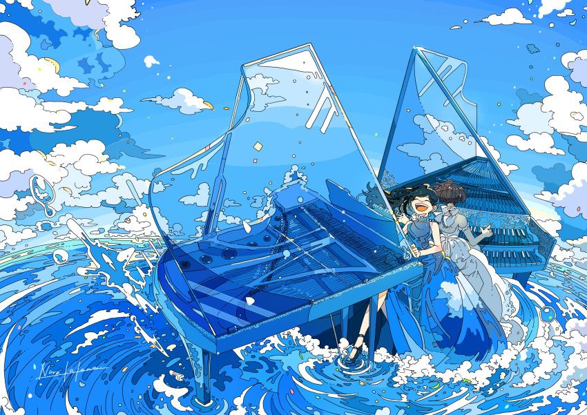 2girls absurdres black_hair blue_sky bubble clouds dress highres instrument long_dress multiple_girls music nara_lalana ocean original piano playing_instrument sky surreal water